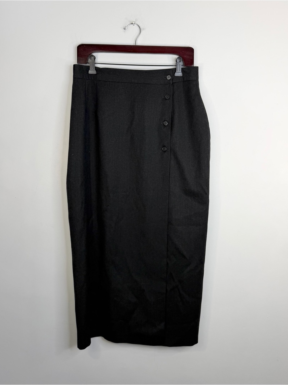 Vintage 90s minimalist pure wool charcoal grey midi maxi pencil wrap skirt 13 - Picture 3 of 13